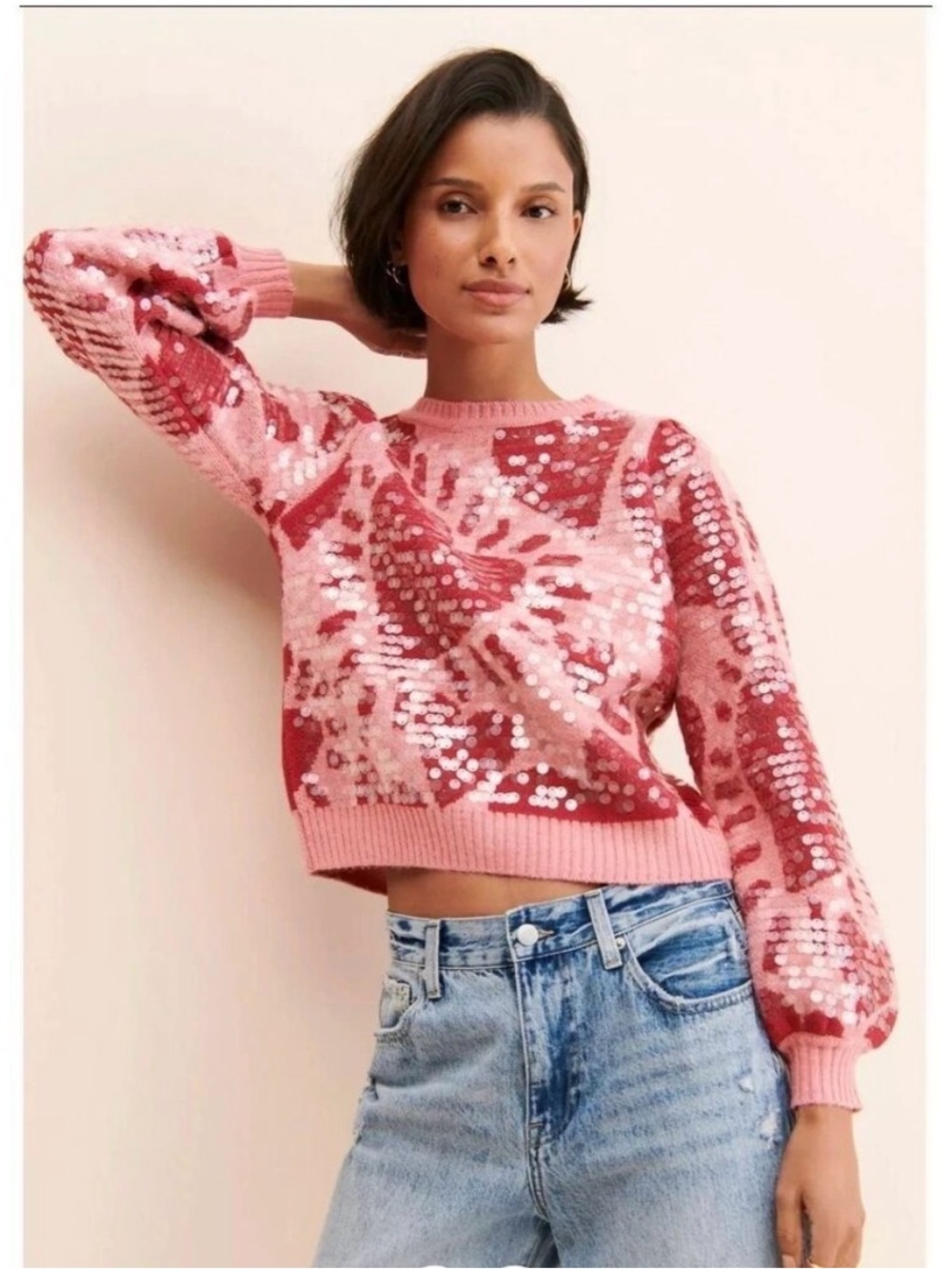 FARM Rio very excellent condition Pink Sequin heart wool Crewneck Sweater